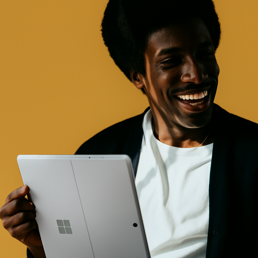 Photo of a man in a room using a tablet computer